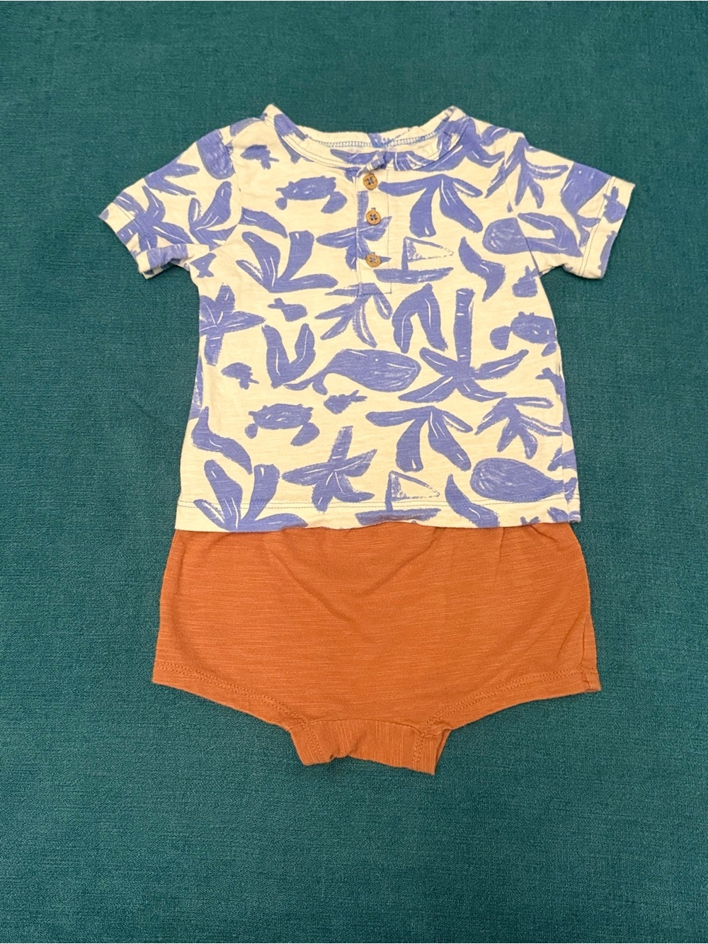 Carter’s Blue & White Tropical Print Baby T-shirt with Buttons/Shorts Outfit 12M